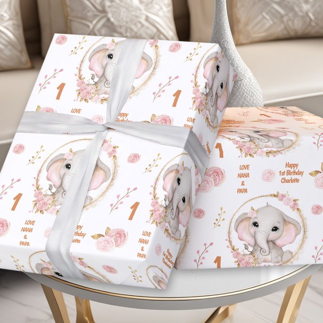1st Birthday Cute Elephant Pink Flower Girl Name Wrapping Paper (1st Birthday Cute Elephant Pink Flower Girl Name Wrapping Paper)
