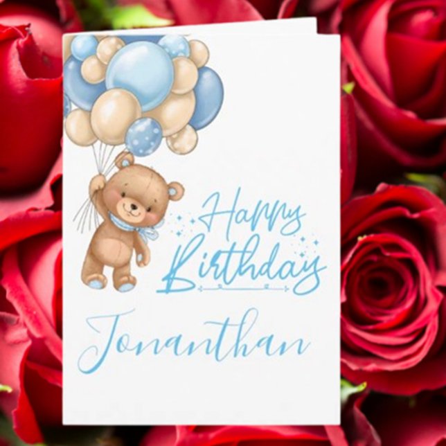  1st birthday cute teddy balloon boy card (Celebrate a baby boy’s first birthday with this adorable teddy balloon card.)