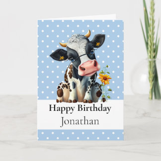 1st BIRTHDAY Dairy COW BOY Blue CARD