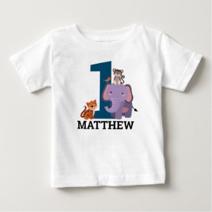 1st Birthday Dark Blue Jungle Animals Boy Baby T-Shirt