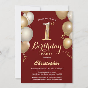 1st Birthday Dark Red and Gold Balloons Confetti Invitation