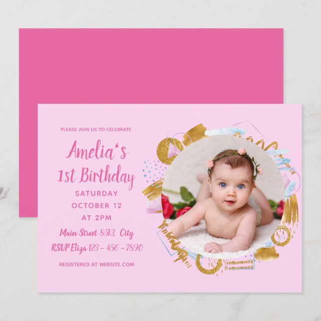 1st Birthday - Delicate Gold and Pink Photo Frame Invitation (Front/Back)