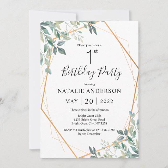 1st Birthday Elegant Eucalyptus Greenery and Gold Invitation (Front)