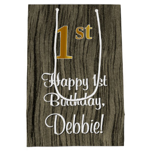 1st Birthday: Elegant Faux Gold Look #, Faux Wood Medium Gift Bag