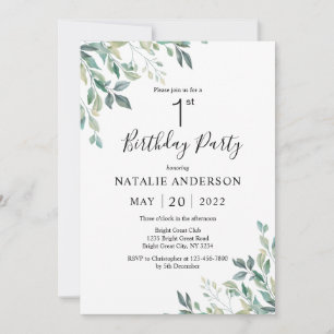 1st Birthday Elegant Green Eucalyptus Greenery Invitation