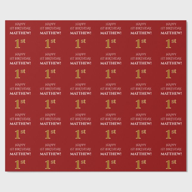 1st Birthday: Elegant, Red, Faux Gold Look Wrapping Paper (Flat)
