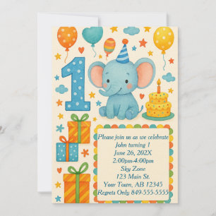 1st Birthday Elephant, Balloons, Cake, & Presents Invitation