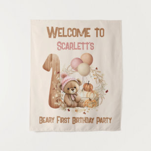 1st Birthday Fall Bear Girl Welcome Sign Tapestry