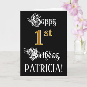 1st Birthday — Fancy Script; Faux Gold Look; Name Card