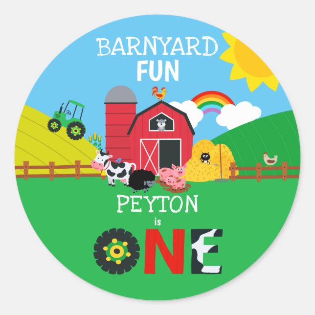 1st Birthday Farm Animals Barnyard Fun Kids Cute Classic Round Sticker (Front)
