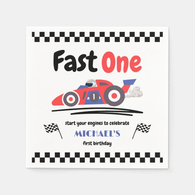 1st Birthday Fast One Red Blue Race Car Napkin (Front)