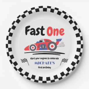 1st Birthday Fast One Red Blue Race Car Paper Plate