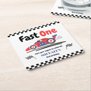 1st Birthday Fast One Red Blue Race Car Square Paper Coaster