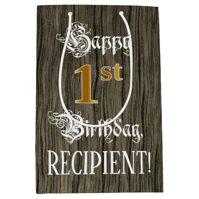 1st Birthday: Faux Gold Look & Faux Wood Pattern Medium Gift Bag (Front)