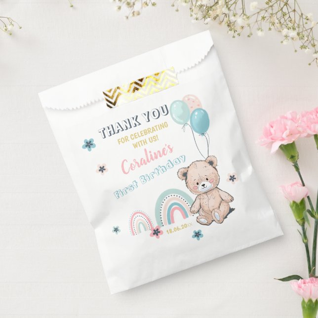 1st Birthday Favour Bags feature a cute teddy bear (Sealed)
