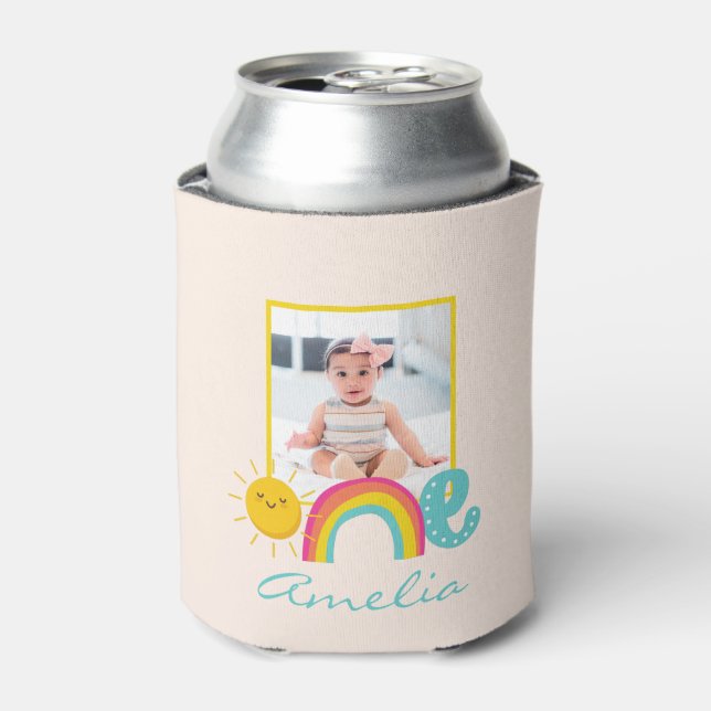 1st Birthday Favour Custom Photo & Name Rainbow On Can Cooler (Can Front)