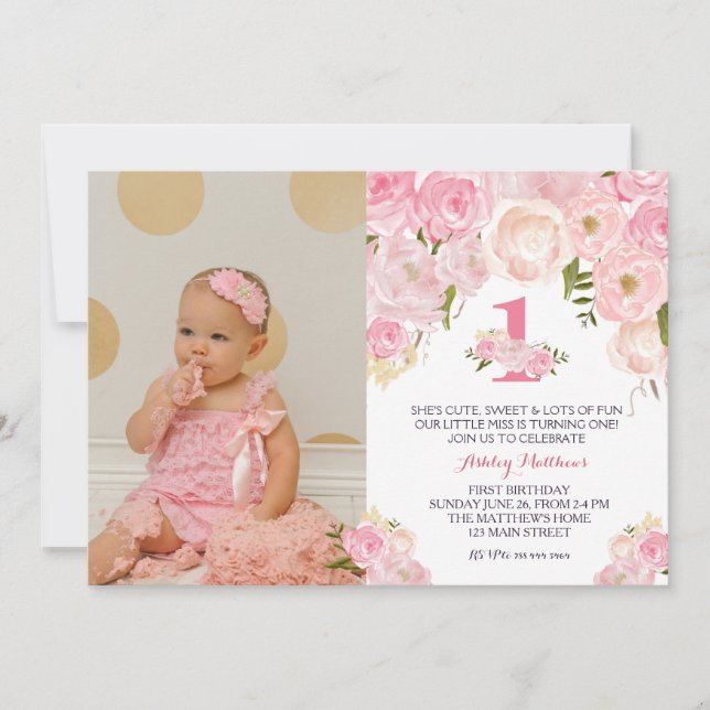 1ST birthday  FIRST Beautiful Floral Invitation, I Invitation (Front)