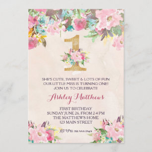 1ST birthday FIRST Beautiful Floral Invitation, Invitation