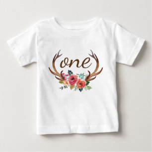 1st Birthday Floral Deer Horn Personalized-10 Baby T-Shirt