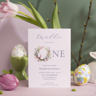 1st Birthday   Floral Easter Eggs Wreath  Invitation