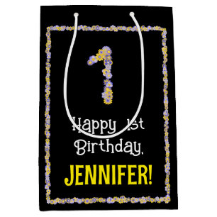 1st Birthday: Floral Flowers Number, Custom Name Medium Gift Bag