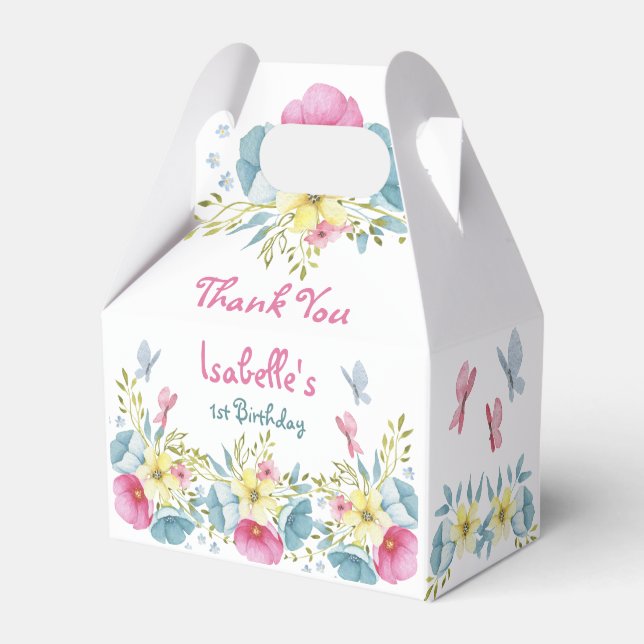 1st Birthday Floral Pink Blue Butterflies Favor Box (Front Side)