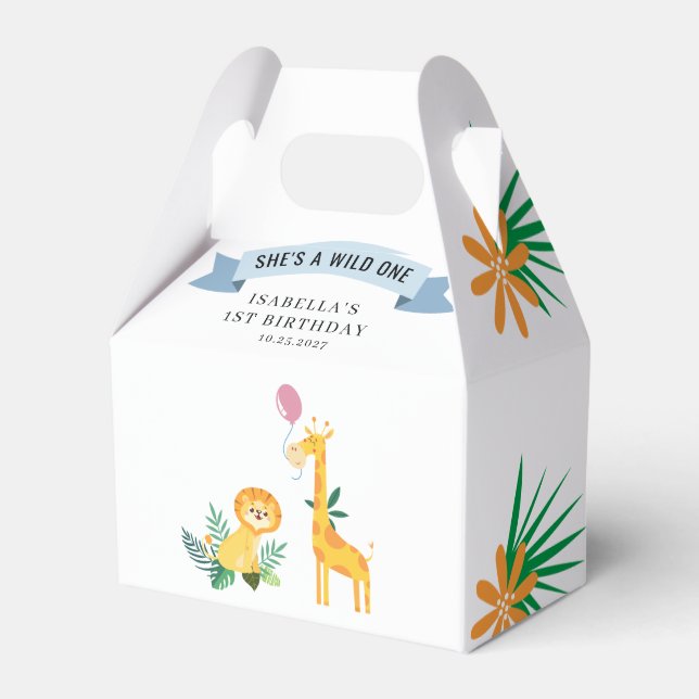 1st Birthday Forest Animals Lion Giraffe Favor Box (Front Side)