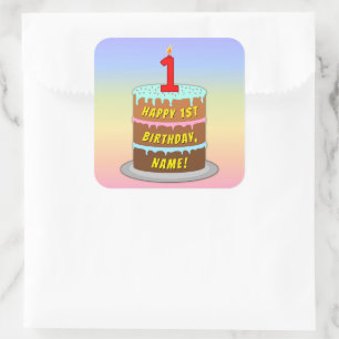 1st Birthday: Fun Cake and Candle + Custom Name Square Sticker
