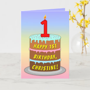 1st Birthday — Fun Cake & Candle, With Custom Name Card