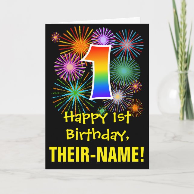 1st Birthday: Fun Fireworks Pattern + Rainbow 1 Card (Front)
