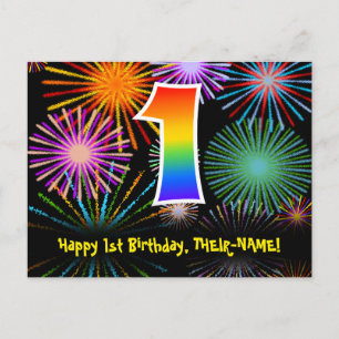 1st Birthday – Fun Fireworks Pattern + Rainbow 1 Postcard