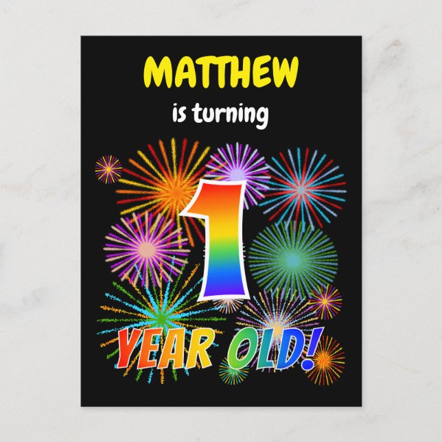 1st Birthday - Fun Fireworks, Rainbow Look "1" Postcard (Front)