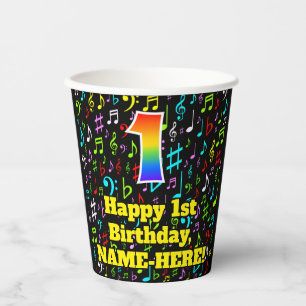 1st Birthday: Fun Music Notes Pattern, Rainbow 1 Paper Cups