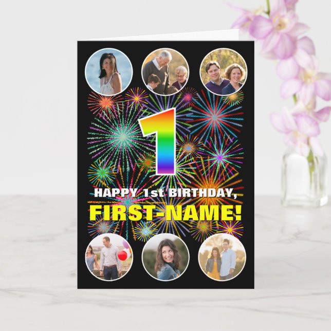 1st Birthday: Fun Rainbow #, Custom Name & Photos Card (Orchid)