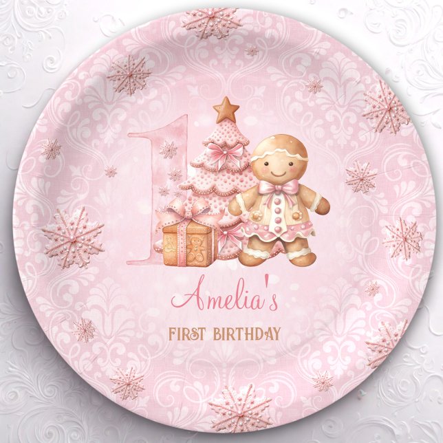 1st Birthday Gingerbread Man Girl Pink Christmas Paper Plate (1st Birthday Gingerbread Man Girl Pink Christmas Paper Plates)