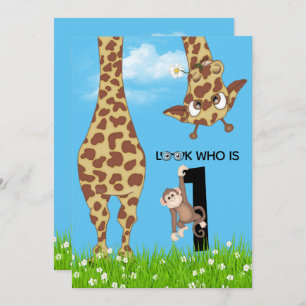 1st Birthday Giraffe and Monkey in Grass   Invitation