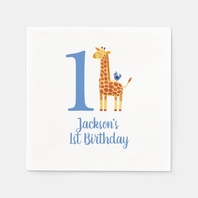 1st Birthday Giraffe & Bird Napkin (Front)