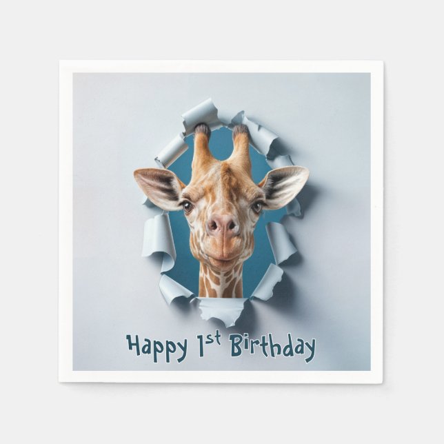 1st Birthday Giraffe Peeking Through a Paper Hole Napkin (Front)