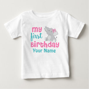 1st Birthday Girl Elephant Pink Personalized Baby T-Shirt