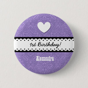 1st Birthday Girl Heart and Scalloped Ribbon v2A 2 Inch Round Button