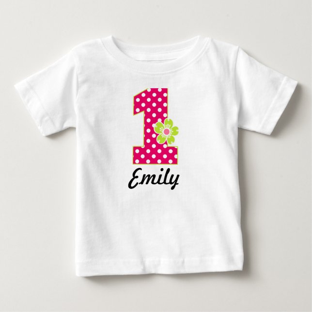 1st Birthday Girl Hot Pink & Green Dots Baby T-Shirt (Front)