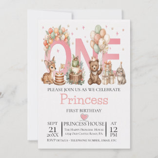 1st Birthday girl invitation Card Safari Animals
