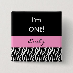 1st Birthday Girl Modern Zebra V02 2 Inch Square Button