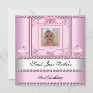 1st Birthday Girl Pink Cupcakes White Pearl Baby Invitation
