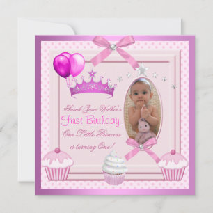 1st Birthday Girl Pink Cupcakes White Pearl Baby Invitation