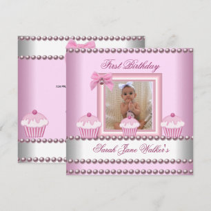 1st Birthday Girl Pink Cupcakes White Pearl Baby Invitation