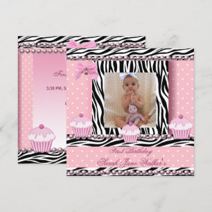 1st Birthday Girl Pink Cupcakes Zebra Baby Invitation