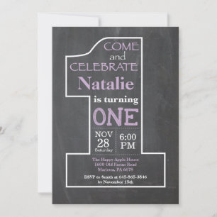 1st Birthday Girl Purple Chalkboard Invitation