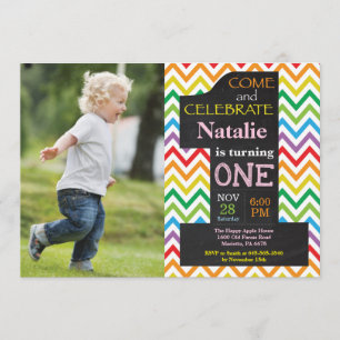 1st Birthday Girl Rainbow Chalkboard Photo Invitation