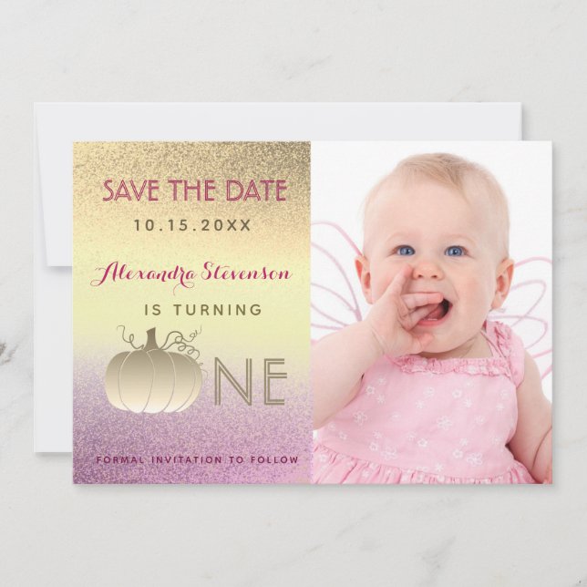 1st Birthday Glitter Ombre Pink Gold Pumpkin Photo Save The Date (Front)